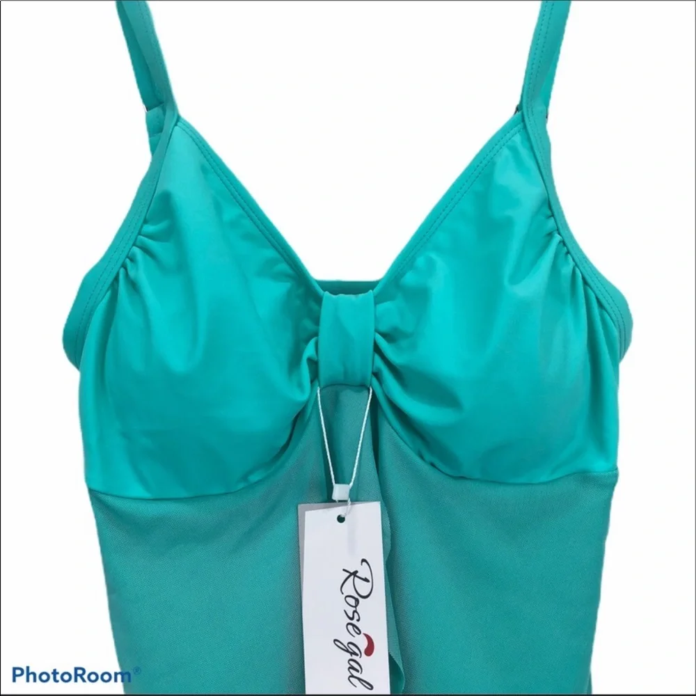 Rosegal mint green tankini swim top with sheer mesh overlay